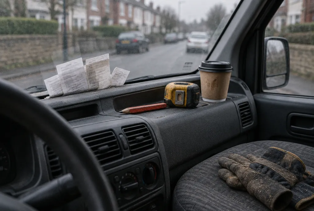 Receipts tucked on a van dashboard next to a tape measure and a coffee.