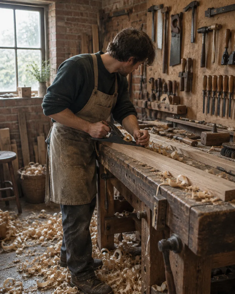 A joiner planing an oak board at a workbench covered in shavings.