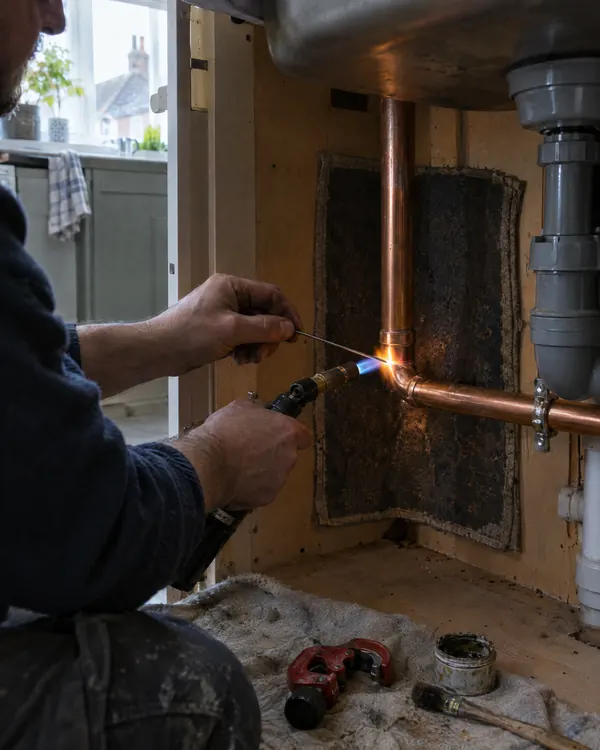 A plumber soldering a copper pipe joint under a kitchen sink.
