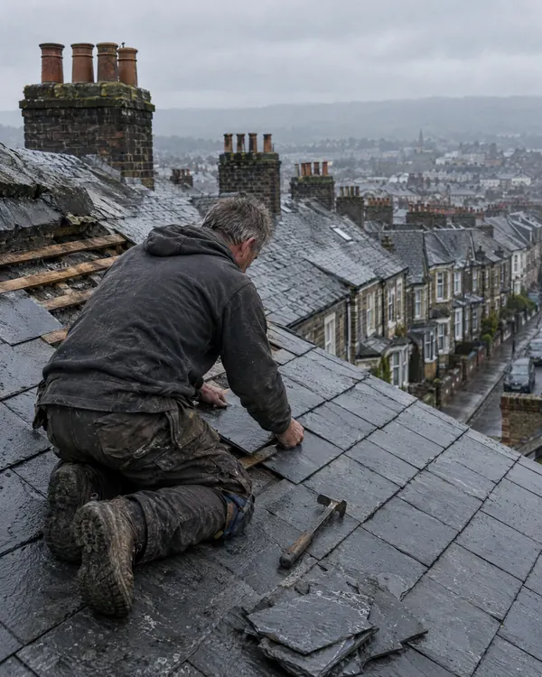 A roofer laying slates on a terraced house roof, wet roofs and chimneys behind.
