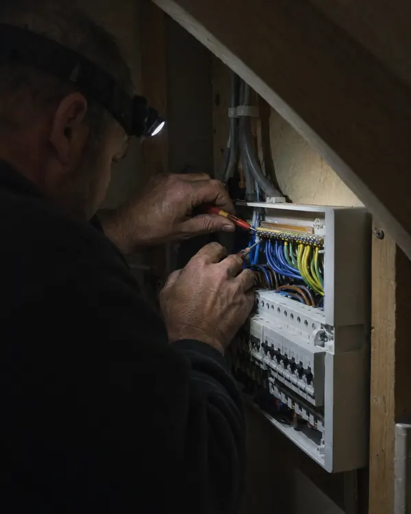 An electrician working on a consumer unit under the stairs by head torch.