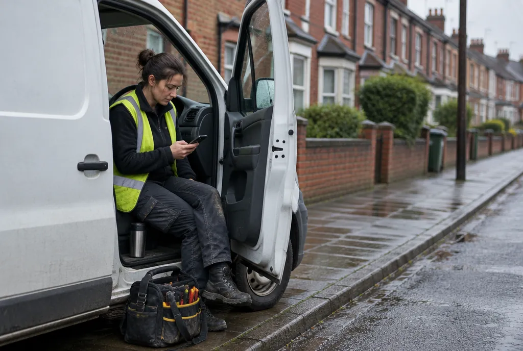 An electrician sitting in the open door of her van, checking her phone.